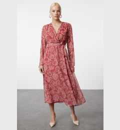 Снимка на Trendyol Burgundy Floral Patterned Belted A-Line Double Breasted Collar Lined Chiffon Maxi Woven Dress