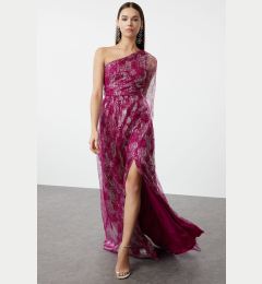 Снимка на Trendyol Burgundy-Multicolor A-Cut One Shoulder Woven Tulle Long Elegant Evening Dress