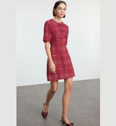 Снимка на Trendyol Burgundy Plaid A-Line Bow Detailed Mini Woven Tweed Dress