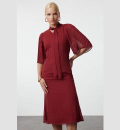 Снимка на Trendyol Burgundy Pleated Sleeve Tied Collar A-Line Lined Midi Chiffon Woven Winter Dress