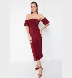 Снимка на Trendyol Burgundy Sleeve Detailed Pleated Knitted Elegant Evening Dress