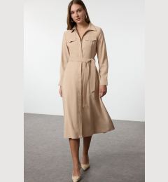 Снимка на Trendyol Camel Belted A-Line Premium Fabric Zipper Detail Midi Shirt Dress