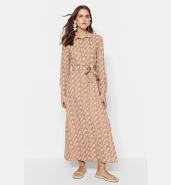 Снимка на Trendyol Camel Belted Floral Pattern Woven Shirt Dress