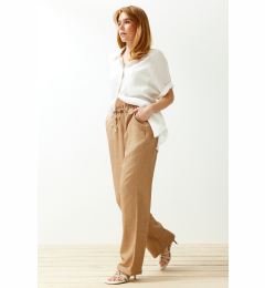 Снимка на Trendyol Camel Straight Elastic Waist Laced Linen Look Trousers