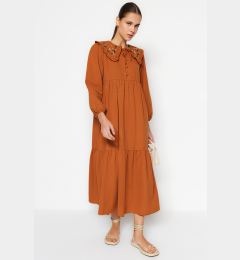 Снимка на Trendyol Cinnamon Collar Embroidered Half Pat Linen Look Woven Dress