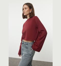 Снимка на Trendyol Claret Red 100% Cotton Relaxed/Wide Relaxed Cut Crop Crew Neck Knitted T-Shirt