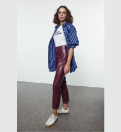 Снимка на Trendyol Claret Red Faux Leather Cigarette Zippered Woven Trousers