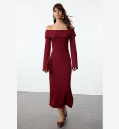 Снимка на Trendyol Claret Red Fitted Carmen Neck Soft Textured Midi Stretchy Knitted Pencil Dress