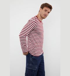 Снимка на Trendyol Claret Red Oversize/Wide Cut Striped Crew Neck Long Sleeve Cotton T-Shirt