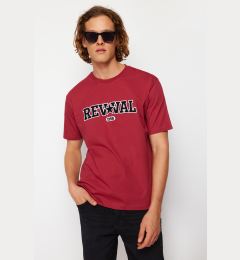 Снимка на Trendyol Claret Red Oversize/Wide Cut Text Embroidery Applique 100% Cotton Short Sleeve T-Shirt