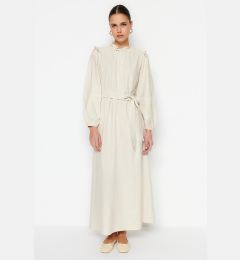 Снимка на Trendyol Cream Belted Guipure and Ruffle Detailed Linen Blended Woven Dress