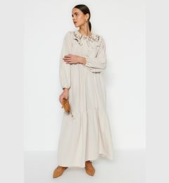 Снимка на Trendyol Cream Collar Embroidered Half Pat Linen Look Woven Dress