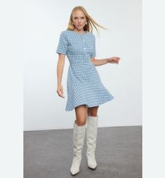 Снимка на Trendyol Crew Neck Mini Tweed Woven Dress with Indigo Skirt Opening at the Waist