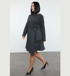 Снимка на Trendyol Curve Anthracite Tweed Buckle Accessory Long Sleeve Woven Plus Size Dress