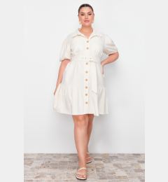 Снимка на Trendyol Curve Beige Linen Look Belted Buttoned Shirt Dress