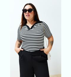 Снимка на Trendyol Curve Black and White Striped Corduroy Knitted Blouse