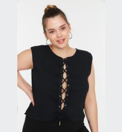 Снимка на Trendyol Curve Black Corduroy Knitted Blouse with Eyelets and Lace Detail