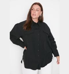 Снимка на Trendyol Curve Black Cotton Long Sleeve Double Pocket Poplin Woven Plus Size Shirt with Slit in the Skirt