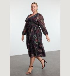 Снимка на Trendyol Curve Black Floral Glitter Woven Chiffon Lined Plus Size Dress