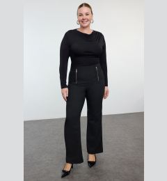 Снимка на Trendyol Curve Black High Waist Ornamental Zipper Woven Plus Size Flare Trousers