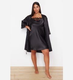 Снимка на Trendyol Curve Black Lace Detailed Belted Satin Woven Dressing Gown