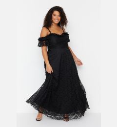 Снимка на Trendyol Curve Black Strap A-Line/Flared Lace Long Evening Dress/Graduation/Engagement/Evening Dress