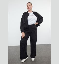 Снимка на Trendyol Curve Black Striped Elastic Waist Plus Size Woven Trousers