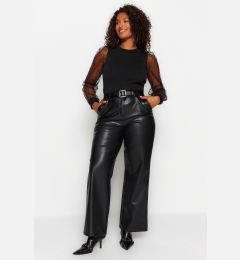 Снимка на Trendyol Curve Black Wide Cut Faux Leather Woven Trousers