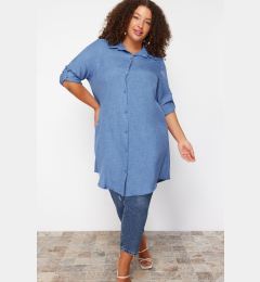 Снимка на Trendyol Curve Blue Tunic Oversized Foldable Long Sleeve Plus Size Woven Shirt