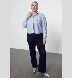 Снимка на Trendyol Curve Blue-White Striped Stone Embroidered Pocket Plus Size Woven Shirt