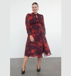 Снимка на Trendyol Curve Burgundy Floral Patterned Chiffon Lined Slit Midi Woven Dress