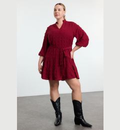 Снимка на Trendyol Curve Burgundy V Neck Balloon Sleeve Belted Pompom Woven Mini Plus Size Dress