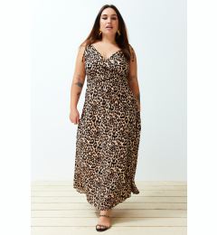 Снимка на Trendyol Curve Camel Maxi/Long Slit Summer Leopard Patterned Woven Dress