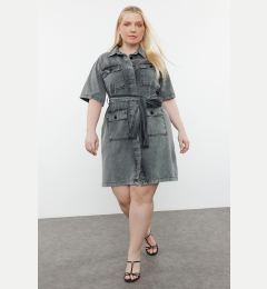 Снимка на Trendyol Curve Dark Blue Belt Detailed Mini Denim Shirt Dress