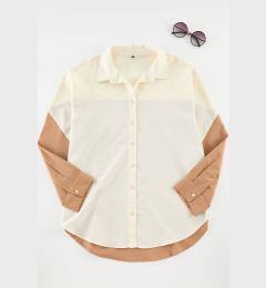 Снимка на Trendyol Curve Ecru Color Block Boyfriend Wide Fit Woven Shirt