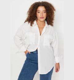 Снимка на Trendyol Curve Ecru Cotton Long Sleeve Double Pocket Skirt Slit Poplin Woven Plus Size Shirt