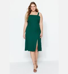 Снимка на Trendyol Curve Emerald Green Square Neck Thick Strap Summer Woven Slit Midi/Mid Length Dress