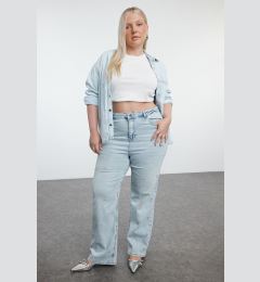 Снимка на Trendyol Curve Light Blue High Waist Star Printed Straight Fit Plus Size Jeans