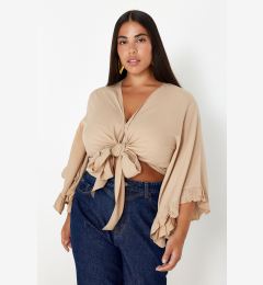 Снимка на Trendyol Curve Mink Crop Sleeve Ruffle Flounce Double Breasted Collar Beach Wear Blouse