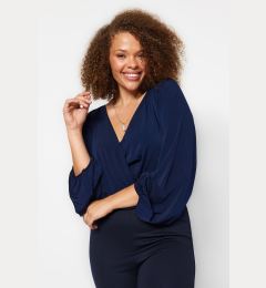 Снимка на Trendyol Curve Navy Blue Balloon Sleeve Double Breasted Neck Knitted Blouse