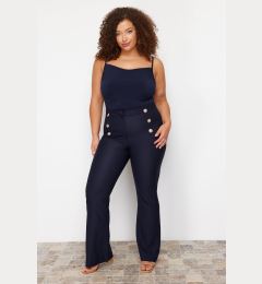 Снимка на Trendyol Curve Navy Blue Bell-bottom Stylish Buttoned Woven Gathering Plus Size Fabric Trousers