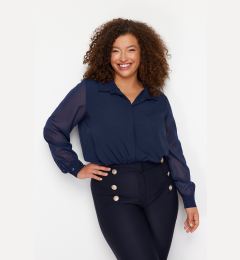 Снимка на Trendyol Curve Navy Blue Long Sleeve Buttoned Chiffon Woven Plus Size Shirt