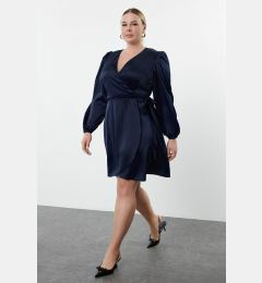 Снимка на Trendyol Curve Navy Blue Satin Double Breasted Closure Long Balloon Sleeve Flounce Midi Dress