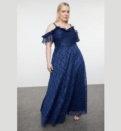 Снимка на Trendyol Curve Navy Blue Straped A-Line/A-Line Lace Long Evening Dress/Graduation/Engagement/Evening Dress