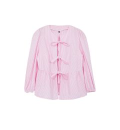 Снимка на Trendyol Curve Pink Bow Tied Striped Long Sleeve Woven Plus Size Shirt