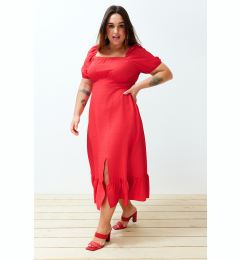 Снимка на Trendyol Curve Red Crew Neck Skirt Ruffle Woven Dress