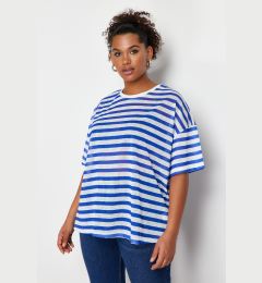 Снимка на Trendyol Curve White-Blue Striped Transparent Oversize Knitted Linen Look Blouse