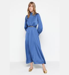 Снимка на Trendyol Dark Blue Collar and Cuff Draped Detail Belted Woven Evening Dress