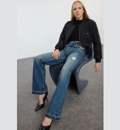 Снимка на Trendyol Dark Blue Ripped Normal Waist Wide Leg Jeans