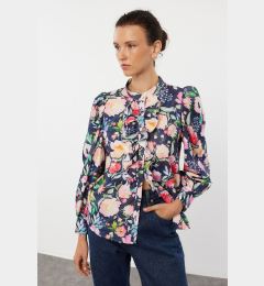 Снимка на Trendyol Dark Blue Stand-Up Collar Ruffled Chiffon Floral Woven Shirt